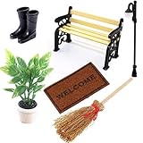 witgift Miniatur Puppenhaus Set Grünpflanze + Gummistiefel + Kehrbesen+ Teppichdecke +Parkbank+Straßenlampe Mini Ornament Garten Möbel Deko