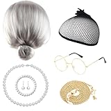 DKDDSSS 7 Pcs Oma Perücke Old Lady Kostüm, Oma Kostüm, Großmutter Perücke, Alte Dame Cosplay Set Kostümzubehör, Alte Damen Perücke für Halloween, Karneval, Maskerade, Bühnenauftritt, Kostümzubehör