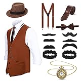 Blulu 1920er Herren Zubehör Gatsby Gangster Kleidung Kostüm Cosplay Outfit mit Weste Fedora Hut Taschenuhr Hosenträger Fliege für Mann Halloween Cosplay (L, Braun)