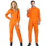 MeYuxg Häftling Kostüm, Gefängnis Kostüm Orange, Gefängnis Kostüm für Herren und Damen, Orangener Overall mit Handschellen, Geeignet für Halloween und Karneval, Kostümpartys, Cosplay(M)