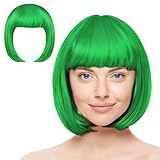 AOMIG Kurze Bob Perücke, Wig mit 2 x Haarnetz, Bunte Neon-Bob-Perücke, Perücken Haarteile Cosplay für Karneval/Fasching & Motto Party, Halloween Dekorationen (Grün/B)