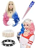 BIQIQI Quinn Kostüm Cosplay Perücke, Quinn Perücke mit Choker Puddin de Quinn Halskette Armband Aufblasbarer Stick Cosplay Zubehör Perücke für Damen Mädchen Halloween Karneval Cosplay