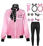 Mrsclaus Pink Ladies Damen 50er Jahre Outfit Schicke Jacke Kostüm Set mit Schwarze Leggings Brille Ohrringe Rock’n Roll Grease Musical Halloween Fasching Kostüm Party C031L