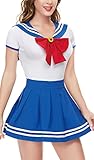 CutiePlusU Knopf im Schritt Onesie Erwachsene Baumwolle Strampler Bodysuit Cosplay Magical Sailor Kostüme Rock Set WhiteBlue 2XL