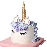 Opret Gold Einhorn Kuchen Topper, 5 Stück Handarbeit Tortendeko Geburtstag Kuchen Aufsätze Wiederverwendbare Einhornhörner Ohren und Wimpern, Deko für Geburtstag/Hochzeit Party