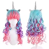 Einhorn Perücke Damen mit Ohren und Horn, Perücke Damen Karneval, Einhorn Lange Lockige Perücke, Bunte Perücke, Regenbogen Perücke, Einhorn Kostüm Erwachsene Damen für Halloween Karneval Thema Party