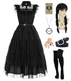 Wednesday Kostüm Damen Schwarzes Gotisch Kleid Kostüm Erwachsener Mittwoch Familie Cosplay Kleider mit Aufkleber Perücke Socken Perückenkappe Karnevals Kostüme Outfit für Fasching Halloween UX003S
