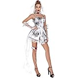 Rrongwn Halloween Kostüm Damen Geist Braut Kostüm Für Halloween Fasching Horror Zombiebraut Kostüm Grau Geisterbraut Gruselig Dämonen Kostüm Karneval Verkleidung Sexy Cosplay Kleid Set