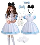 ChouGlow Mädchen Prinzessin Kleid, Alice im Wunderland Kleid Kostüm,Blau Kleid Kinder 7-teiliges Set für Verkleidung Karneval Weihnachten Halloween Geburtstag Party. (140)