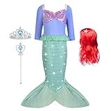 AUYAO Meerjungfrau Kostüm Mädchen Kinder Langärmliges Prinzessinnenkleid Meerjungfrau Prinzessin Kleid Dress Up mit roter Perücke Krone Spazierstock für Karneval Party Halloween Cosplay Geburtstag 130