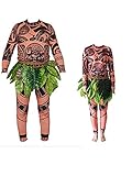 Halloween-Familien-Kostüm für Herren, Kinder, Maui, Cosplay, Tattoo-Kostüm, T-Shirt + Hose mit Blättern, Rock, Erwachsenenkostüm