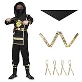 AOOWU Ninjago Kostüm, Ninja Kostüm Kinder mit Ninja Doppelschwert, Goldenes Drache Ninjago Kostüm Kinder Jungen für Themenpartys Halloween Kostüm Verkleiden Ninja Rollenspiel(L)