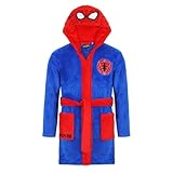 Spiderman Bademantel Kinder Jungen Fleece, Spidermann Morgenmantel Kinder mit Kapuze (DE/NL/SE/PL, Numerisch, 128, Regular, Blau-Rot)