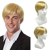 UILYNIU Perücke Blond Herren, Layered Perücken Kurze Herrenperücke mit Pony Natürliche Vollperücke, Boyband Perücke Kostüm 70er 80er Kurze Perücken Täglich Halloween Cosplay Fasching Perücke (Blond)
