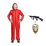 Anxicer Karneval Kostüm Bankräuber Overall für Halloween Dieb Kostüm Overall Rot Langarm Strampler mit Kapuze,Cosplay Set Maske Und Maschinengewehr Fasching Kostüm