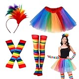 MUXIWOM Regenbogen Kostüm Damen, Faschingskostüme Damen Lustig, Regenbogen Rock Damen mit Bunte Feder Stirnband und Regenbogen Tüllrock, Karneval Kostüm Damen für Karneval Rollenspiele Party