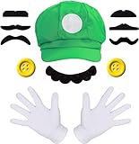DLJKJ Mütze Rot und Grün, Super Bros Luigi Kostüm mit Kappen Schnurrbärte Handschuhe Knöpfe, Unisex Erwachsene Karneval Cosplay Halloween Kostüm (Grün)
