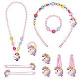 Hifot Einhorn Kinderschmuck Kleine Mädchen Halskette Armband Ring Clip Ohrringe Haar Klammern Einstellen Set, Prinzessin Modeschmuck Party Favors Geschenk zum Anziehen Pretend Play