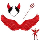 60cm Halloween Flügel Rot, Engelsflügel Rot mit Teufel Horn Rot,rot Engel Kostüm Damen,Engelsflügel Rot,Rot Engel Kostüm Mädchen,Teufels Flügel Helloween,Engel und Teufel Flügel Kostüm Damen