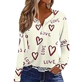 SCBFDI Valentinstag Shirt Herz Oberteil Damen Rot Glitzer Pullover Damen Bordeaux Pullover Damen Damen Pulli Schwarzes T-Shirt mit Herz-Print Hellfire Club Tshirt Oversize Pullover Beige S