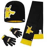 Pokemon Wintermütze & Handschuhe oder Winter Mütze, Schal & Handschuhe Set Kinder (Schwarz/Gelb 3 Stück)