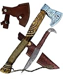 CraftTal-Wikinger Axt 52 cn.mit Rabankopf Messer 2in1set Handgravierter Eichenholz Griff 1095 Kohlenstoffstahl Klinge LARP Beil mit lederschutz Geschenk für männer