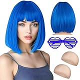 Perücke Blau Damen Fasching Kurz, Blaue Wig Mit Brille und Haarnetz für Perücken, Kurzhaarschnitt Damen und Perücken, Perrücke Frauen 80er Damen, Bob Perücke für Karneval Fasching Cosplay Kostüm
