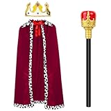 O-Kinee 3 Stück König Kostüm Erwachsene,Krone König Herren,Königin Umhang,Königsmantel,Königs-Zepter,Karneval Kostüme Damen,für Halloween, Weihnachten, Fasching,Mottoparty