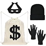 4 Stück Räuber Kostüm Set mit Baumwollhandschuhe Schwarz, Bankräuber Maske, Räuberhut, Geldsack Räuber, Karneval Kostüm Zubehör für Erwachsene und Kinder Halloween Dress Up Cosplay Thema Party (A)
