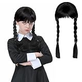 LGZIN Adda-ms Perücke für Kinder Damen, Schwarze Geflochtene Perücken, Adda-ms Cosplay Perücke, Perücken Zopf für Frauen, Mittwoch Kostüm Cosplay für Party Fasching Karneval Halloween