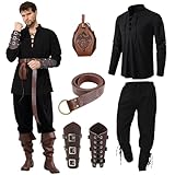 Ulikey Mittelalter Kleidung Herren, Karneval Herren Renaissance Kostüm Set mit Mittelalterliches Piratenhemd, Mittelalter Hose Viking Kostüm, Gürtel, Handgelenkschützer für Faschingskostüme(Schwarz,L)