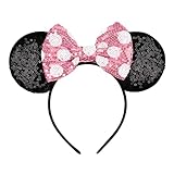 YUNISS Maus Ohren Haarreif, Glitzer Haarreifen in Schwarz mit Pailletten Pink Schleife mit weißen Punkten, Kostüm Prinzessin Party Zubehör für Mädchen und Damen (Pink)