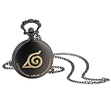 JewelryWe Retro Taschenuhr Herren Vintage Naruto Konohagakure Symbol Römische Ziffern Skala Analog Quarz Uhr mit Halskette Kette Kettenuhr Unisex schwarz