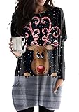 OMZIN Frauen Weihnachts Langarm Weihnachten Sweatshirt Rundhalsausschnitt Xmas Print Sweatshirt Pullover Übergroße Lange Bluse T-Shirt Schwarzer Elch XL