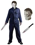 Geplaimir Halloween Killer Kostüm für Erwachsene 3-teiliges Herren Halloween Costumes Horror Cosplay Kostüm Set für Halloween Arbeitsoveralls Overall mit Maske und Messer 033XL