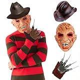 Claofoc Freddy Krueger Kostüm für Kinder Halloween 4-teilig Horror Freddy Pullover mit Maske Claw Hat Handschuhe On Elm Street Freddy Krueger Cosplay Kostüm (L)