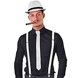 Balinco MAFIA KOSTÜM SET, 20er Jahre Accessoires, Karneval Outfit Herren, Weiß, Zigarre, Zylinder Hut, Krawatte, Hosenträger, Fasching, Fastnacht, Party, Silvester Outfit
