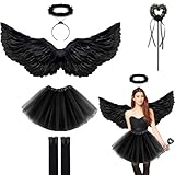 5 Stück Engel Kostüm Damen Set, 80CM Engelsflügel Schwarz Erwachsenes, Engel Teufel Kostüm Damen, Engelsflügel mit Tütü Rock, Heiligenschein Zauberstab und Kniestrümpfe, Fasching Verkleidung (Schwarz)