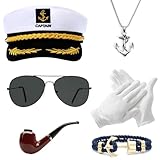 Epokus 6PC Kapitänsmütze, Kapitän Hut Kostüm Set, Schal, Sonnenbrille, Handschuhe, Verstellbare Marine Mütze, Kapitän Kostüm Herren Damen für Yacht Karneval Mottoparty Partys