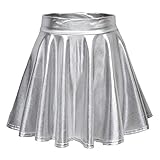 Damen Glänzend Metallisch Mini Rock Elastische Taille Ausgestellte Pull On Skater Röcke(M, Silber)