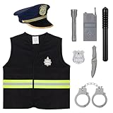 BTHRORO Polizei Kostüm Kinder, 8 Stück Polizei Zubehör mit Weste Polizeimütze Handschellen Walkie Talkie Polizei Spielzeug für Kinder Halloween Karneval Party Rollenspiele zu Spielen