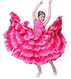 EFLALYHG Bauchtanzkleid für Mädchen, spanisches Flamenco-Kostüm, Ballsaal-Tanzrock, Ballsaal-Übungskostüm,Pink360°,130