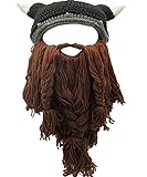 YEKEYI Wikingerbart-Mütze, Horn, Winter, warme Maske, gestrickte, lustige Kappe aus Wolle, Hornbraun, Einheitsgröße