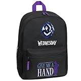 Wednesday Rucksack Kinder mit Vordertasche & seitlichen Netztasche, Schulrucksack 37 x 29 cm Schwarz - Mädchen Geschenke (Schwarz/Blau)