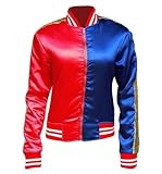Hamishkane Halloween-Kostümjacke für Damen, mit Jokermotiv, Partykleidung, Satin-Jacke, Halloween-rote und blaue Jacken für Damen, Bomber-Satin-Jacken für Damen, Rot und Blau – Jacke, 8-10