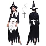 Horror Halloween Nonne Kostüm, Halloween Nonnen Kostüm Damen Hexe mit Kreuzkette, Hexenhut, Schürzen, Karneval Kostüm Damen Nonne, Kostüm und Zubehör für Erwachsene für Partys, Karneval und Halloween