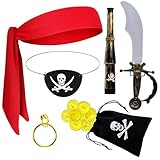 Orgoue 7Stück Piratenkostüm Kinder, Piraten Kostüm Zubehörfrauen Männer Pirate Accessories Augenklappe Pirat Piraten Kostüm Kinder Piraten Bandana Stirnband Augenklappe Fernglas Für Karneval