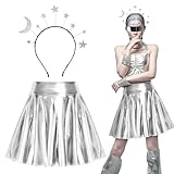 BOFUNX Metallischer Faltenrock glänzend Kurz Rock + Sterne Mond Haarreif für Karneval Mottoparty Space Girl Alien Kostüm Zubehör