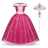 URAQT Aurora Mädchen Prinzessin Kleid, 3teiliges Dornröschen Kinder Mädchen Kostüm Set mit Kronen, Zauberstabzubehör, Rose Rot Spitze Prinzessin Kleid für Karneval, Weihnachten, Mottoparty Cosplay 140