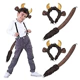 TUONYIS 4 Stücke Stierhörner Kostümset, Stierkuh Ohren und Schwanz Set mit Ochsenhörnern Stirnband und Stierschwanz, Plüsch Ochsenhorn Haarreifen, Tier Mottoparty, Halloween Kostüm, Cosplay (Braun)